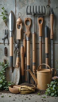 garden tools are lined up against a wall