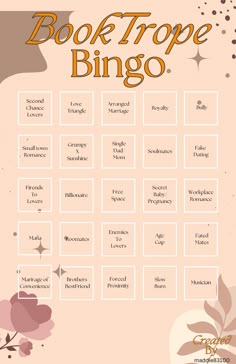 a poster with the words booktrope bingo written in orange and pink on it