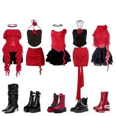 Red Themed Outfits, Red Black And White Outfit, Red Kpop Outfits, Red And Black Concert Outfit, Red Performance Outfits, Black And Red Stage Outfit, Red Rave Outfit, Concert Style Outfits