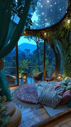 a bedroom with a large round bed and lots of greenery on the outside wall