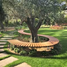 a wooden bench sitting under a tree in the middle of a lush green park area