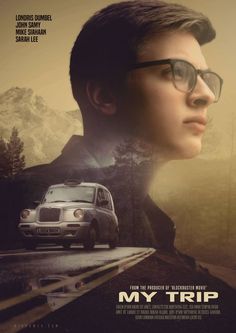 a movie poster for my trip with a man in glasses and a car on the road