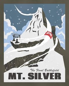 an old poster advertising mt silver in the snow with mountains and trees on it's side