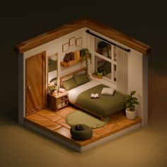 a model of a bedroom with a bed and desk in the corner, as well as potted plants