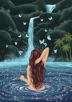 a woman is sitting in the water with her back to the camera and butterflies flying above