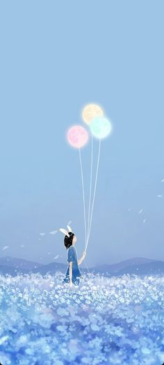 a woman holding onto two balloons floating in the air on top of a body of water