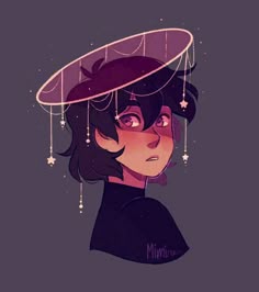 a drawing of a woman wearing a hat with stars hanging from it's sides