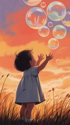 A semi-realistic illustration captures a tender moment as a young child, silhouetted against a radiant sunset sky, stretches their arms toward a cluster of glowing, dreamlike bubbles. With tousled dark hair and a simple white dress, the child stands in a field of golden grass, bathed in the warm light of twilight. Each floating bubble reflects scenes from a whimsical childhood dreamscape—pastel swirls and faint silhouettes of fantastical creatures. The sky glows in shades of orange, pink, and lavender, wrapping the scene in peace, wonder, and nostalgia. #sunsetmagic #childhooddreams #glowingbubbles #nostalgicart #fieldofwonder #pastelillustration #dreamscapeart Dreamlike Art, Golden Grass, Simple White Dress, Nostalgic Art, Small Canvas Art, Sunset Sky, Small Canvas, Shades Of Orange, Whimsical Art