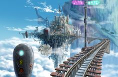 an image of a train going over a bridge in the sky with buildings on it