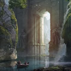 two people in a small boat on a body of water next to a large arch