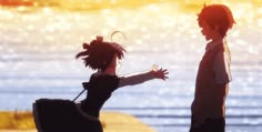 two anime characters standing next to each other near the water and looking at each other