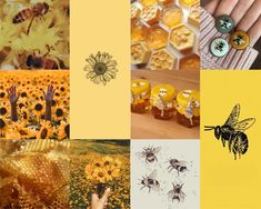 a collage with bees, sunflowers and honeycombs in yellow tones
