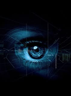 an eye is shown in the dark with lines and dots all over it's surface
