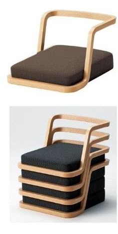 three different types of chairs and one is made out of wood, the other has black fabric