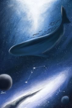 a painting of a whale and planets in the sky