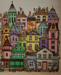 this is an image of a drawing of colorful houses in the city with birds and flowers