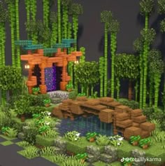 Minecraft Bamboo Gate, Minecraft Houses Bamboo Forest, Minecraft Jungle Builds Ideas, Minecraft Jungle Garden, Minecraft Japanese Themed Lake, Japanese Koi Pond Minecraft, Bamboo Minecraft Ideas, Minecraft Japanese Outdoor Decor, Minecraft Bamboo Forest Build