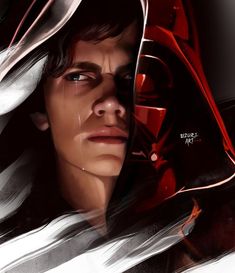 a painting of a man in a helmet with his eyes closed and one eye open