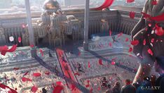 an aerial view of a city with red confetti falling from the sky