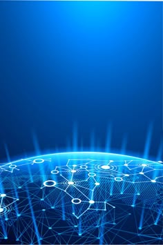 an abstract blue background with lines and dots in the shape of a world map or globe