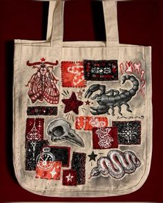 a tote bag with many different designs on it