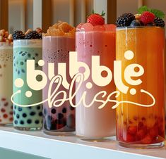 Caitlin • Graphic Design on Instagram: "Say hello to Bubble Bliss! 🍓🥭 A little passion project to celebrate the summer break! ✨ Can't wait to work on more of … in 2025 | Bubble tea, Tea packaging design, Bubble tea shop