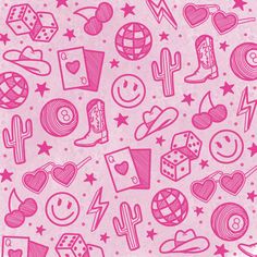 a pink background with various icons and symbols on the side, including hearts, stars, moon