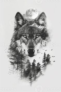 a wolf with the moon in the background and trees on it's back ground