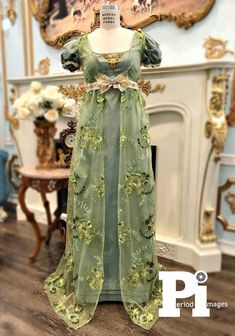 Green Bridgerton Dress, Luxury Regency Style Gown For Costume Party, Regency Style, Regency Ball Gown, Regency Day Dress, Luxury Regency Style Gown For Costume Events, Regency Era Dress, Regency Dress Green, Green Regency Style Fitted Dress