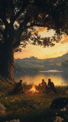 three people sitting around a campfire under a tree in the grass near a body of water