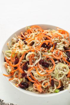 Spiralized Broccoli-Stem Carrot Slaw with Dried Cranberries | Spiralizer recipes, Vegetable recipes, Healthy recipes