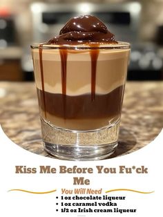an advertisement for a chocolate drink with caramel and ice cream