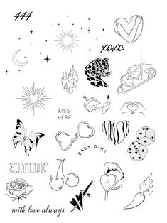 the back side of a tattoo design with different designs on it, including hearts and arrows