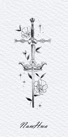 Princess Warrior Tattoo, Crown And Dagger Tattoo, Warrior Princess Tattoo, Crown Swords Tattoo, Swords And Flowers Tattoo, Female Knight Tattoo, Scepter Tattoo, Floral Dagger Tattoo Art, Cloak And Dagger Tattoo