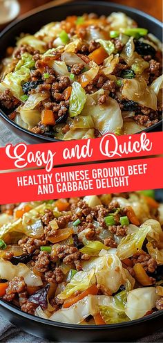 an easy and quick chinese ground beef and cabbage dish is shown in two separate pans