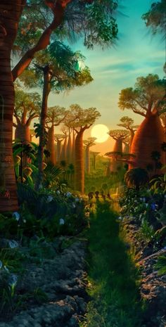 an artist's rendering of a forest scene