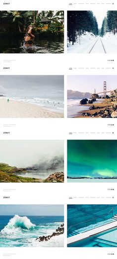 multiple images of the ocean and beach in different colors