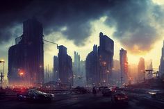a futuristic city with lots of tall buildings and cars parked in the street at night