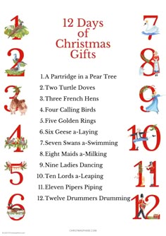 twelve days of christmas gifts with numbers and pictures on the front, one for each child
