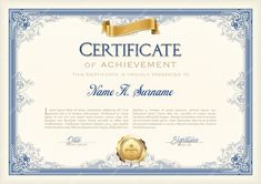 certificate of achievement with blue border and gold seal
