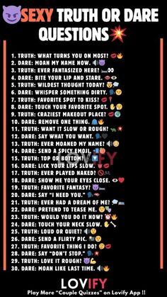 A digital poster with the title '😈SEXY Truth or Dare Questions💥', dark bold background with devil and explosive icons, featuring a list of sexy Truth or Dare questions for couples.