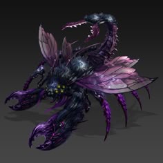 a purple and black insect with large wings on it's back legs, sitting in front of a gray background