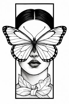 a woman's face with a butterfly on her head, and the image is in black and white