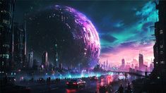 futuristic cityscape at night with colorful lights in the sky and people walking around