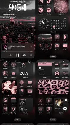an image of the dashboard screen of a cell phone with pink and black themes on it