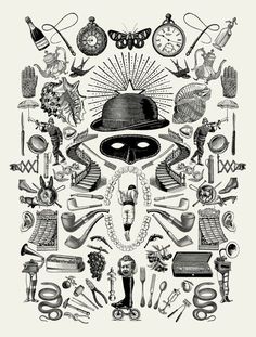 a drawing of various items arranged in the shape of a mask and clock on a white background