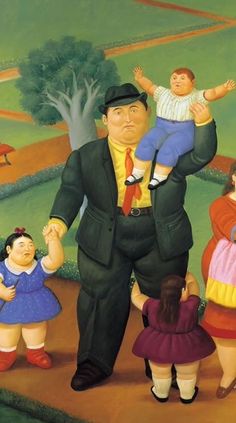 a painting of a man with two children and an adult holding a child in his arms