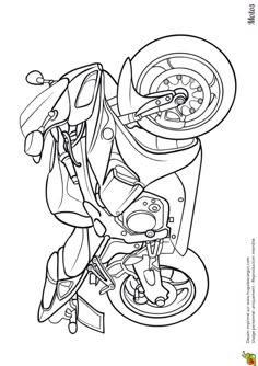 a cartoon motorcycle with wheels and spokes on the front wheel is shown in black and white