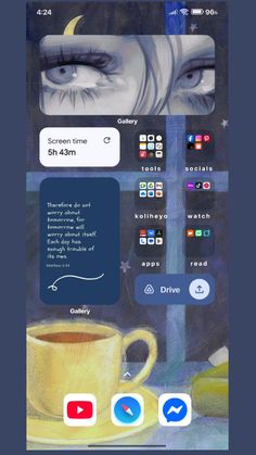 an iphone screen with some pictures and texting on the phone, including two eyes