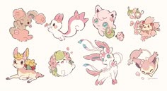 some cute little pokemons with different outfits and hair styles on them, all in pastel colors